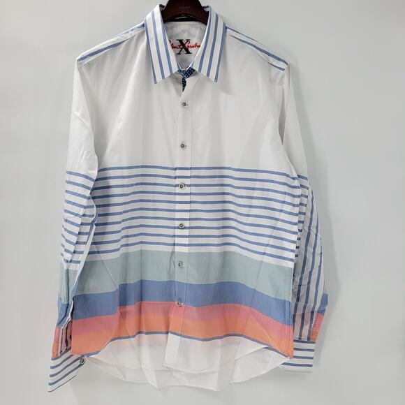 Robert Graham Mens Button Up Shirt XL White Blue Striped Geometric Flip Cuffs - Picture 1 of 16